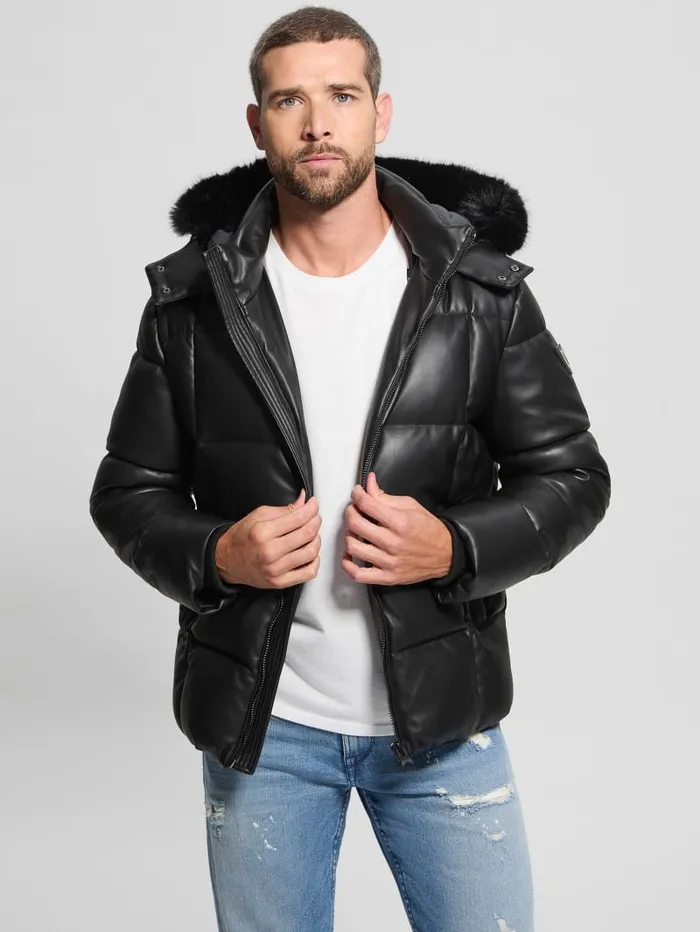 GUESS Jackets and Coats FauxLeather Stretch Puffa Jacket Black 8211 Men