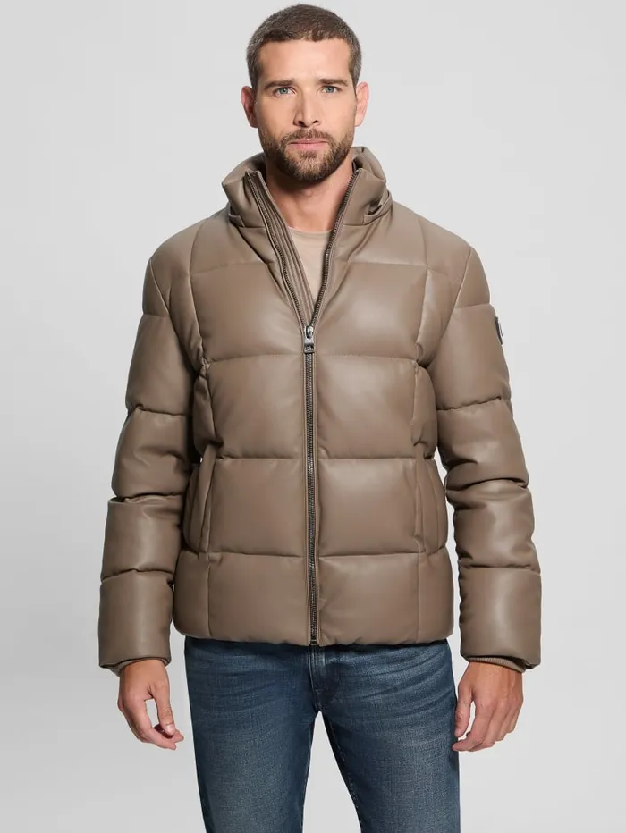 GUESS Jackets and Coats FauxLeather Stretch Puffa Jacket Black 8211 Men