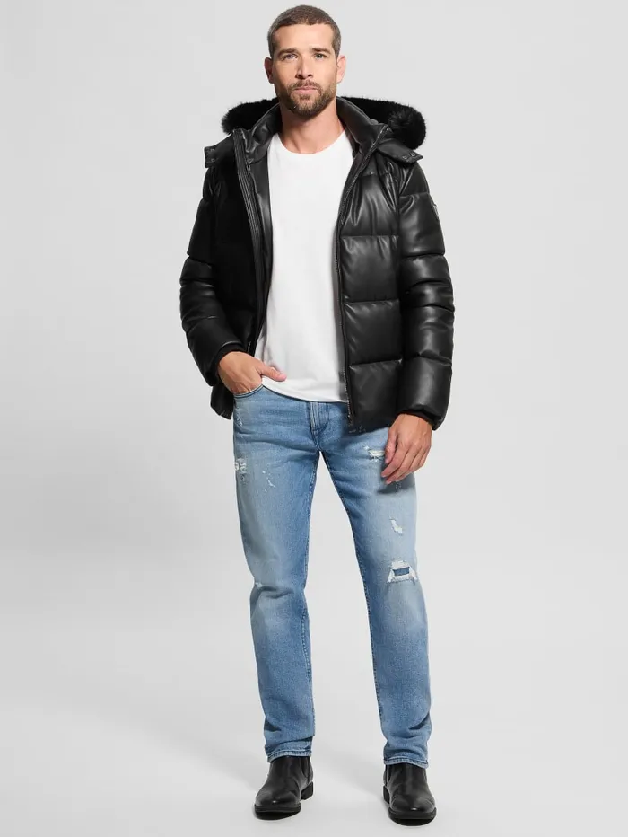 GUESS Jackets and Coats FauxLeather Stretch Puffa Jacket Black 8211 Men