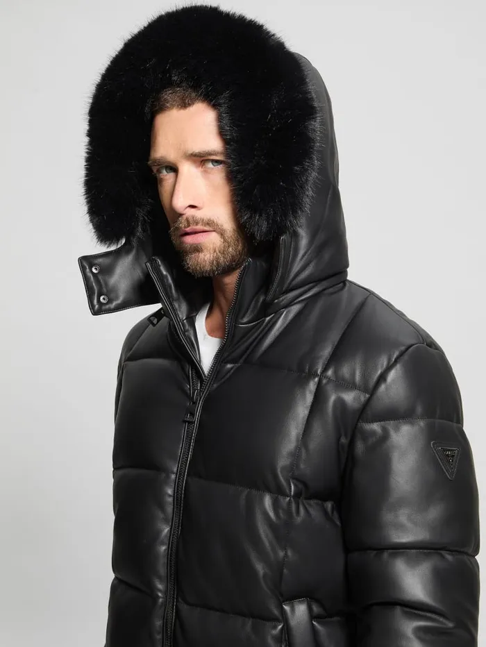GUESS Jackets and Coats FauxLeather Stretch Puffa Jacket Black 8211 Men