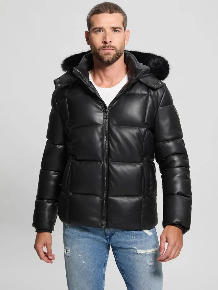 GUESS Jackets and Coats FauxLeather Stretch Puffa Jacket Black 8211 Men