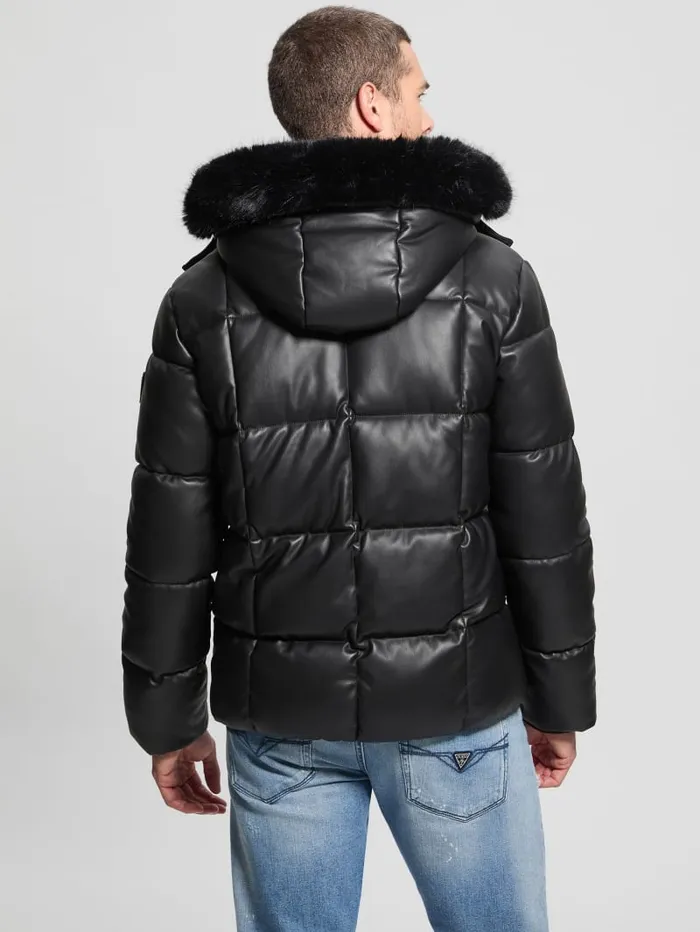GUESS Jackets and Coats FauxLeather Stretch Puffa Jacket Black 8211 Men