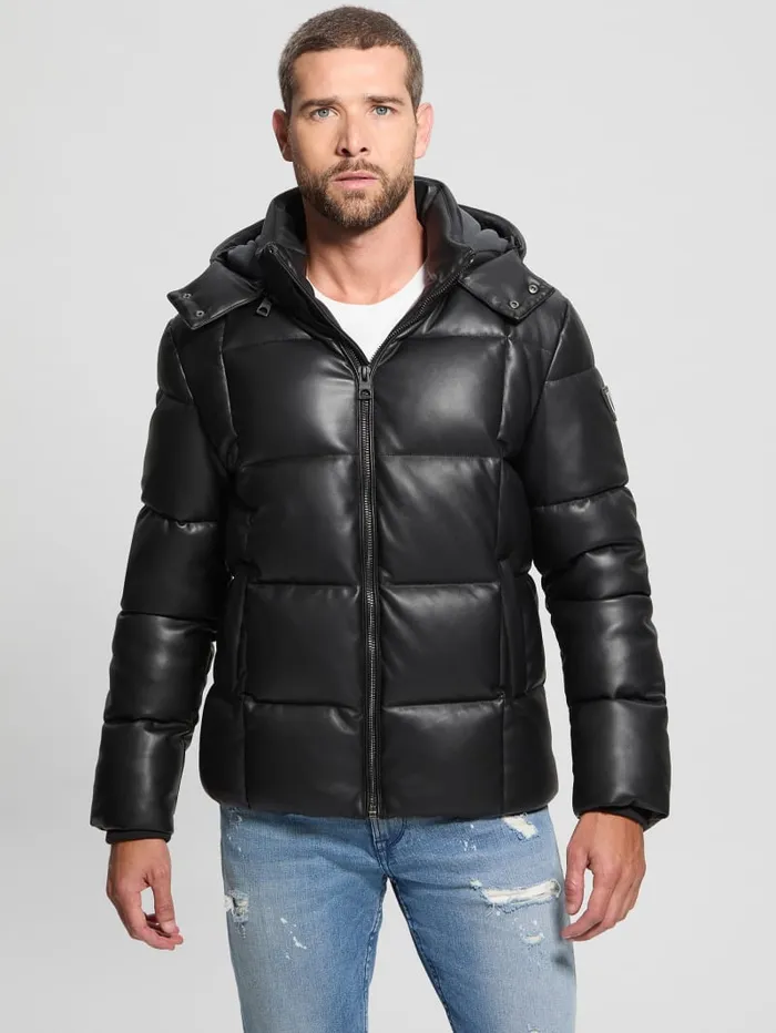 GUESS Jackets and Coats FauxLeather Stretch Puffa Jacket Black 8211 Men