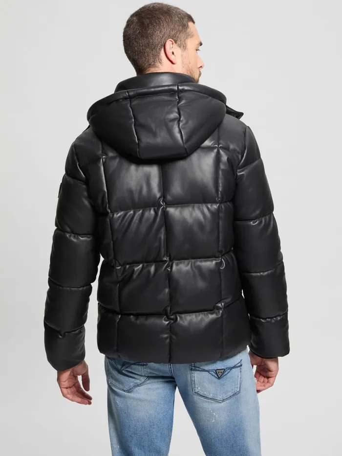 GUESS Jackets and Coats FauxLeather Stretch Puffa Jacket Black 8211 Men