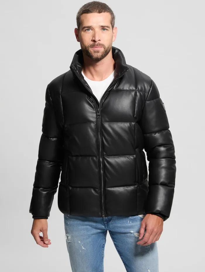 GUESS Jackets and Coats FauxLeather Stretch Puffa Jacket Black 8211 Men