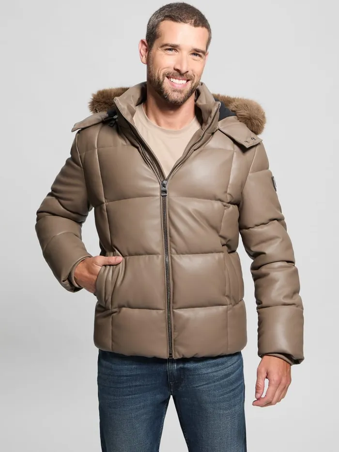 GUESS Jackets and Coats FauxLeather Stretch Puffa Jacket Black 8211 Men