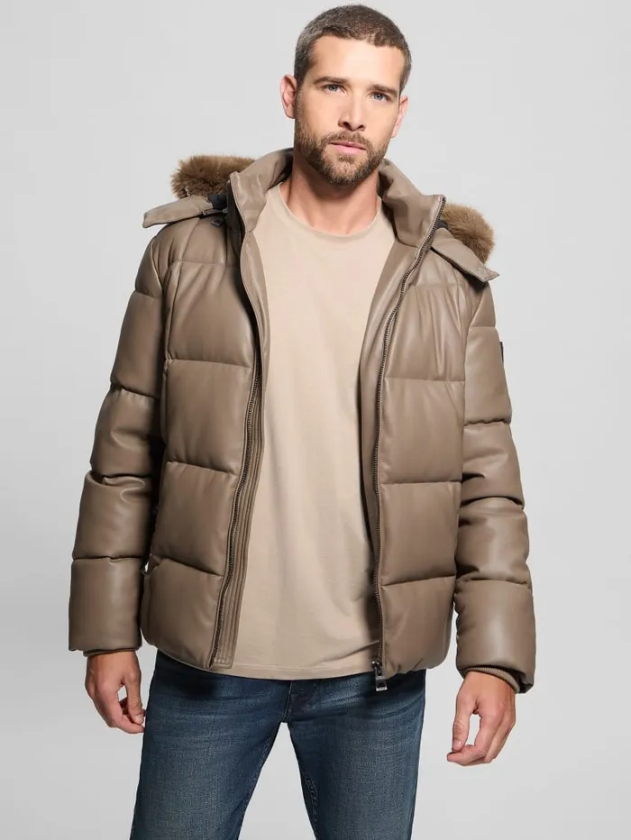 GUESS Jackets and Coats FauxLeather Stretch Puffa Jacket Black 8211 Men