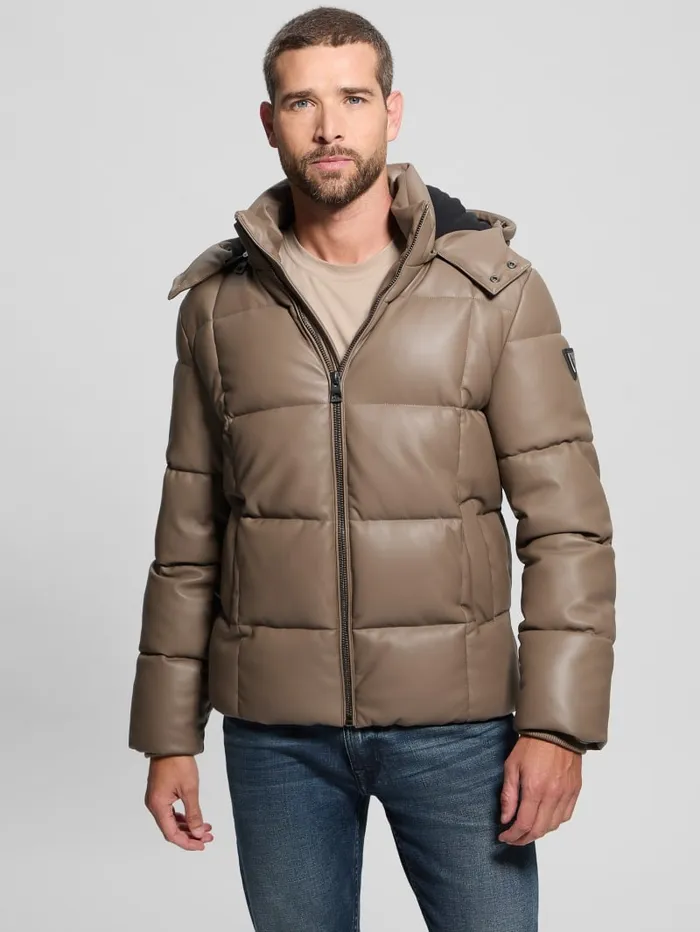 GUESS Jackets and Coats FauxLeather Stretch Puffa Jacket Black 8211 Men
