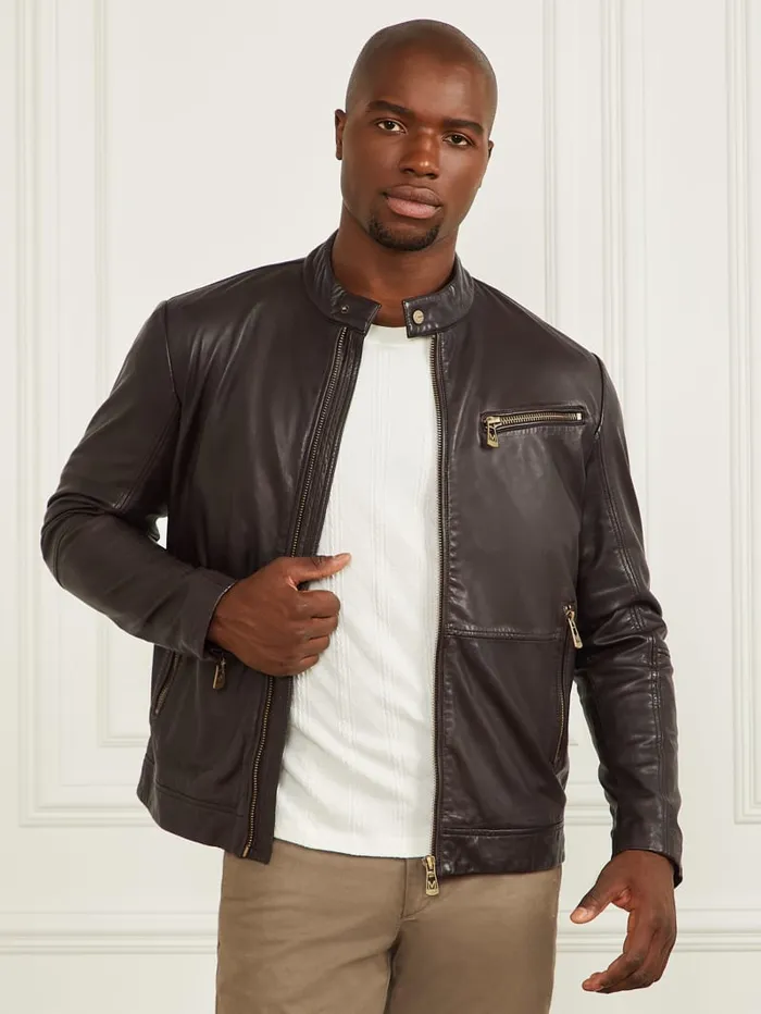 GUESS Jackets and Coats Genuine Leather Biker Jacket Black 8211 Men