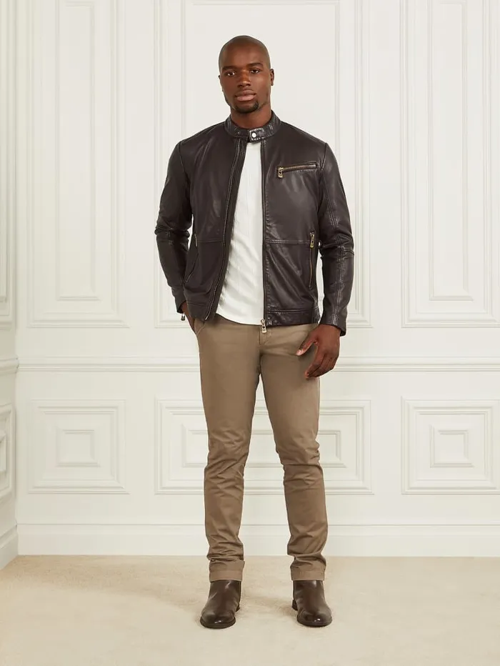 GUESS Jackets and Coats Genuine Leather Biker Jacket Black 8211 Men