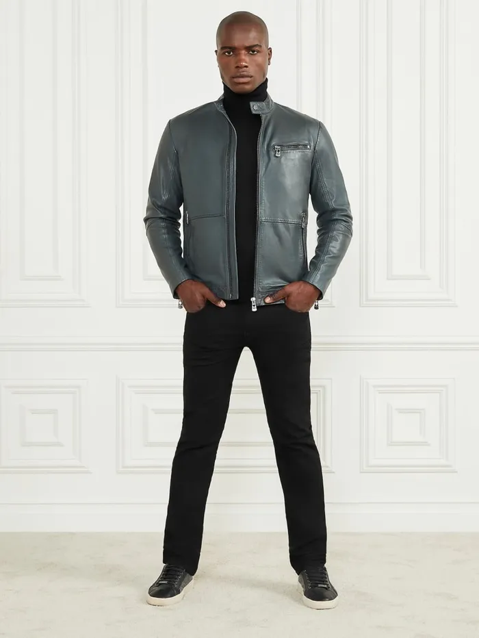 GUESS Jackets and Coats Genuine Leather Biker Jacket Black 8211 Men