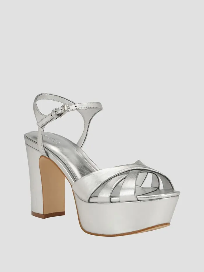 GUESS Sale Haylo Crisscross Platform Block Heels Silver 8211 Women