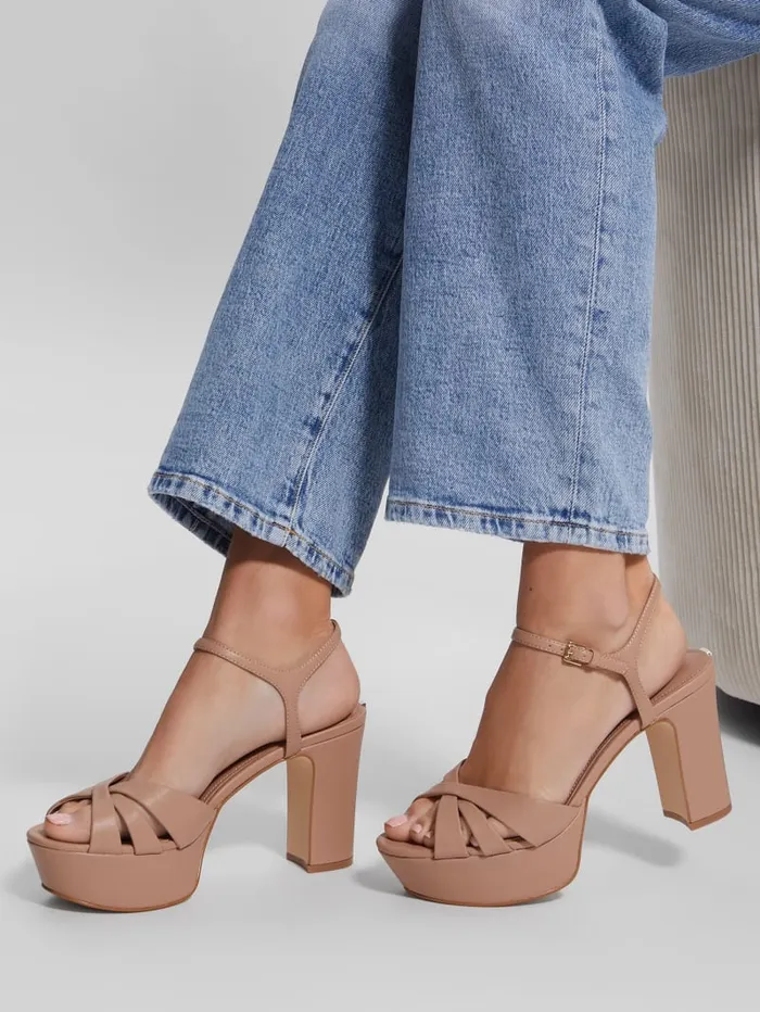 GUESS Sale Haylo Crisscross Platform Block Heels Silver 8211 Women