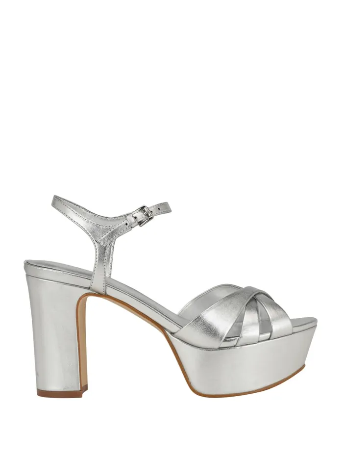 GUESS Sale Haylo Crisscross Platform Block Heels Silver 8211 Women
