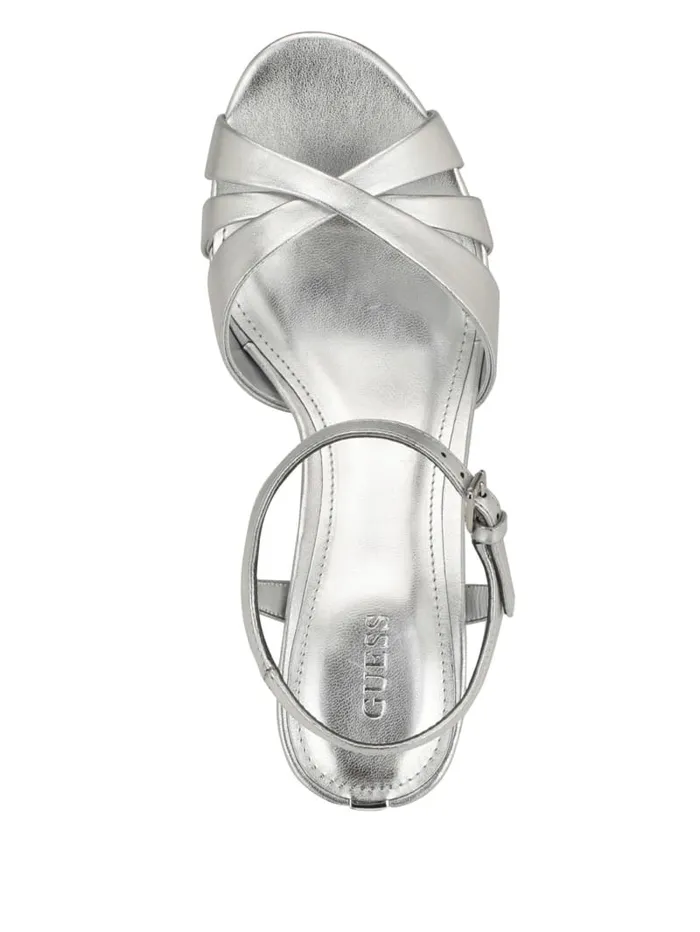 GUESS Sale Haylo Crisscross Platform Block Heels Silver 8211 Women