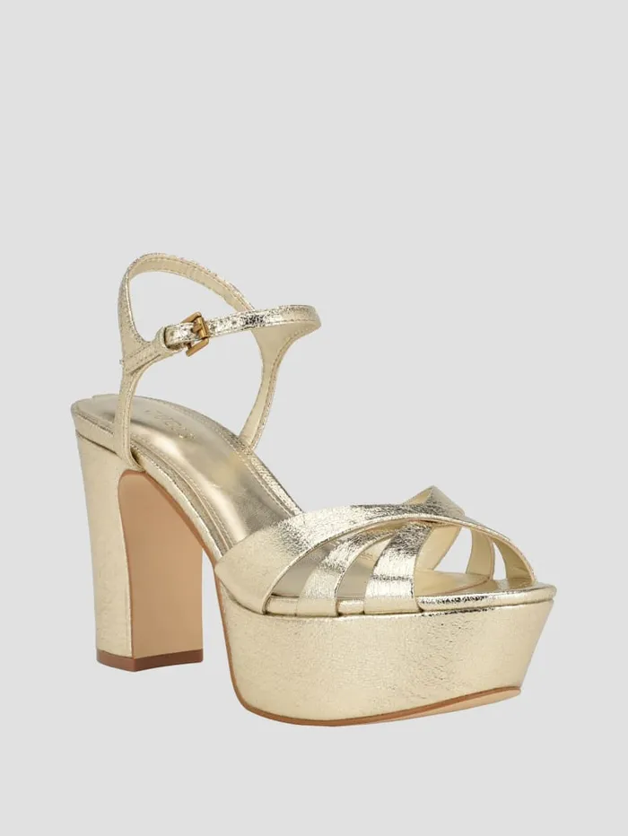 GUESS Sale Haylo Crisscross Platform Block Heels Silver 8211 Women