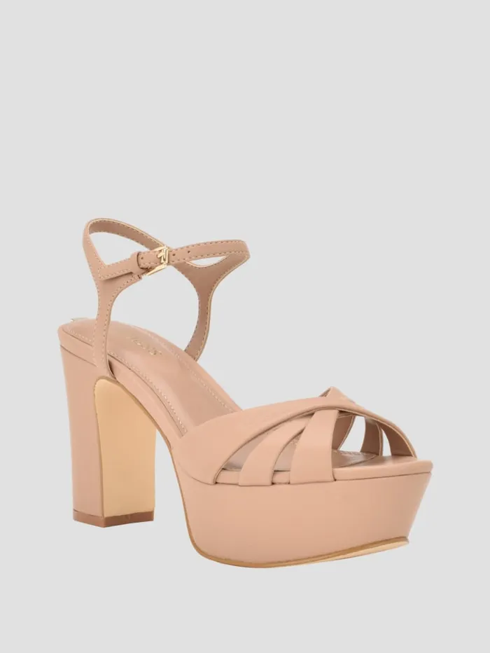 GUESS Sale Haylo Crisscross Platform Block Heels Silver 8211 Women
