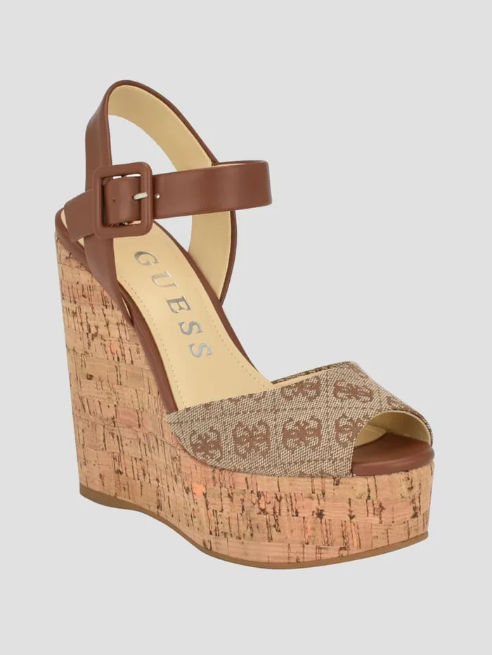 GUESS Sale Lyrica Linen Wedges Brown 8211 Women