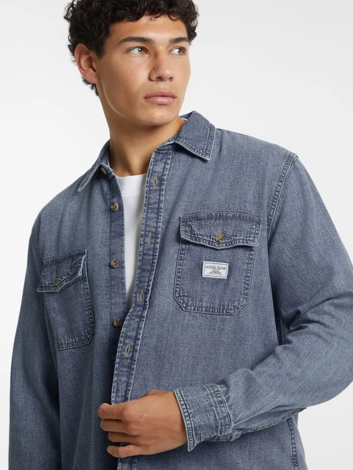GUESS Shirts Classic LongSleeve Denim Shirt Blue 8211 Men