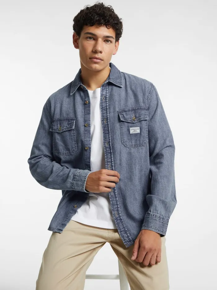 GUESS Shirts Classic LongSleeve Denim Shirt Blue 8211 Men