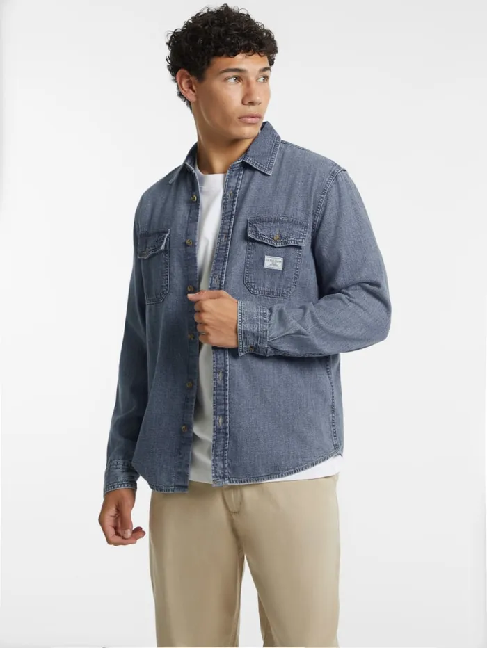 GUESS Shirts Classic LongSleeve Denim Shirt Blue 8211 Men