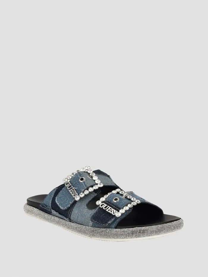 GUESS Shoes Funzya Embellished TwoStrap Denim Slides Blue 8211 Women