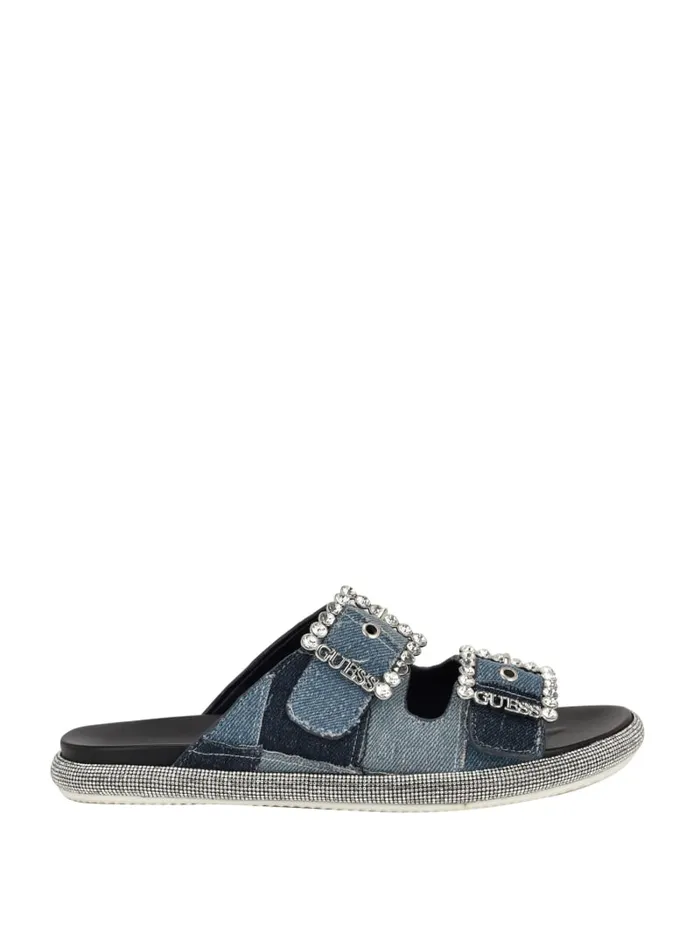 GUESS Shoes Funzya Embellished TwoStrap Denim Slides Blue 8211 Women