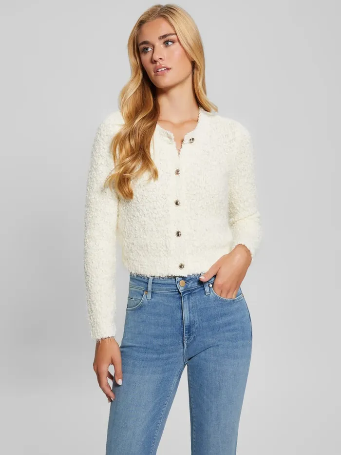 GUESS Sweaters and Knits Ume Boucle Feathered Cardigan White 8211 Women