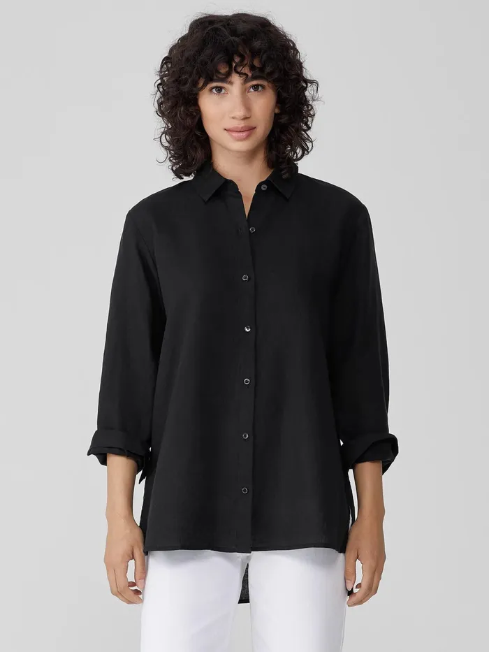 Handkerchief Linen Classic Collar Shirt Black Women Eileen Fisher Tops and Tees