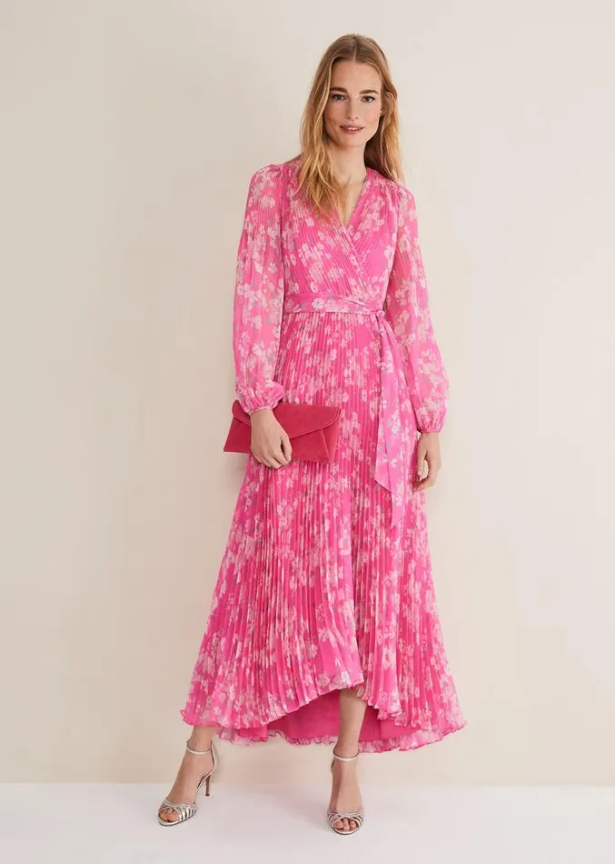 Hayley Floral Pleated Maxi Dress Neon Pink Women Phase Eight Dresses