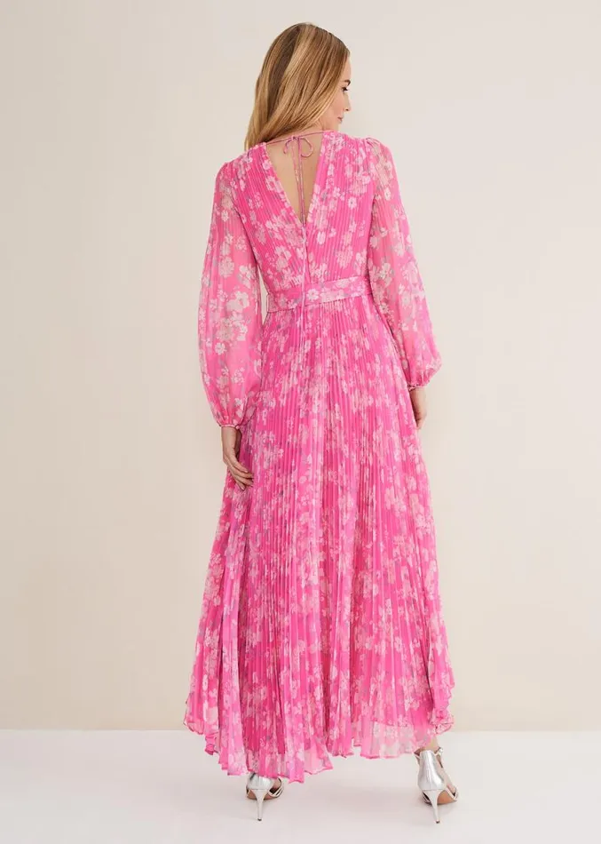 Hayley Floral Pleated Maxi Dress Neon Pink Women Phase Eight Dresses