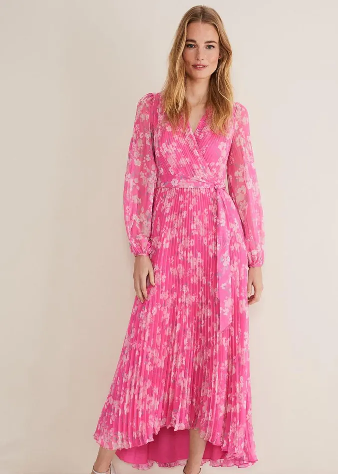 Hayley Floral Pleated Maxi Dress Neon Pink Women Phase Eight Dresses