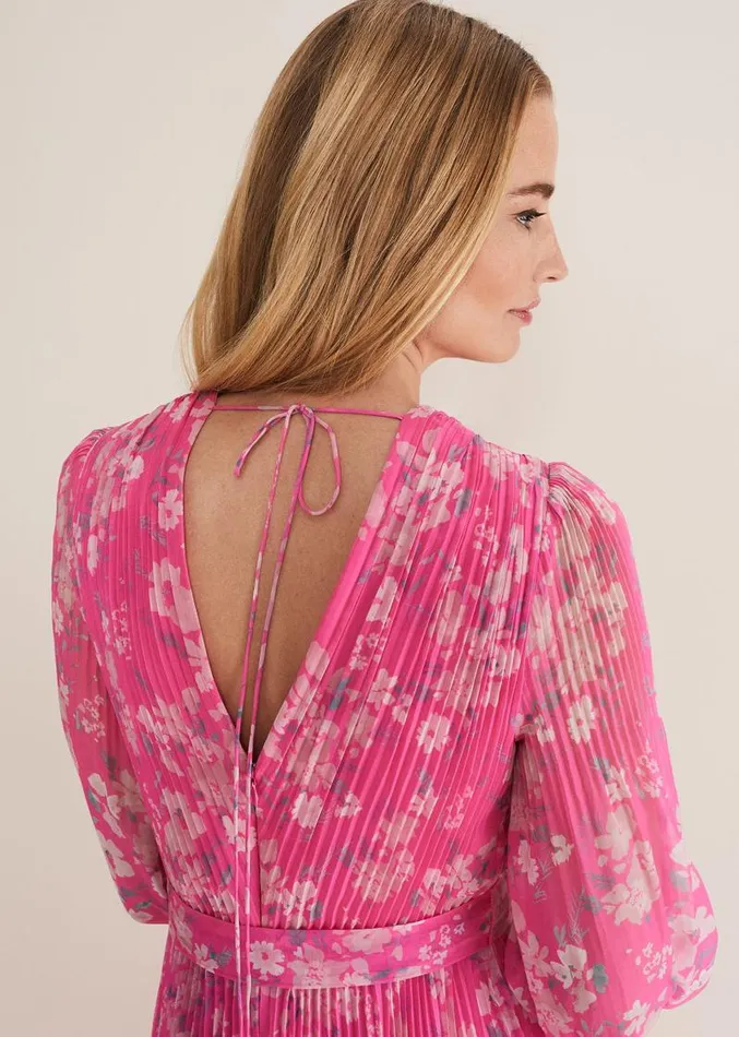 Hayley Floral Pleated Maxi Dress Neon Pink Women Phase Eight Dresses