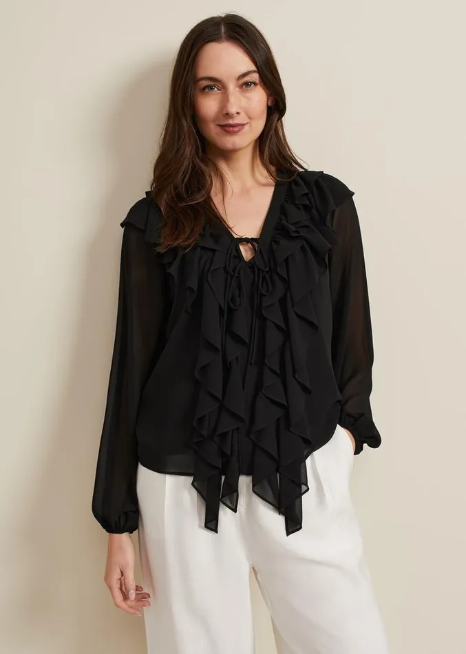 Ivana Ruffle Blouse Black Women Phase Eight Shirts and Blouses