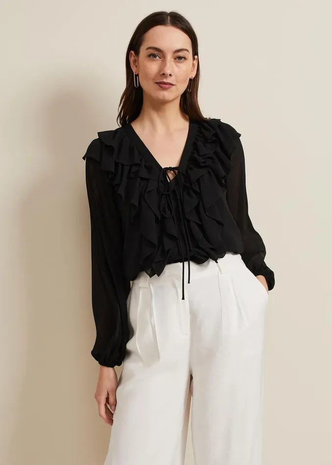 Ivana Ruffle Blouse Black Women Phase Eight Shirts and Blouses