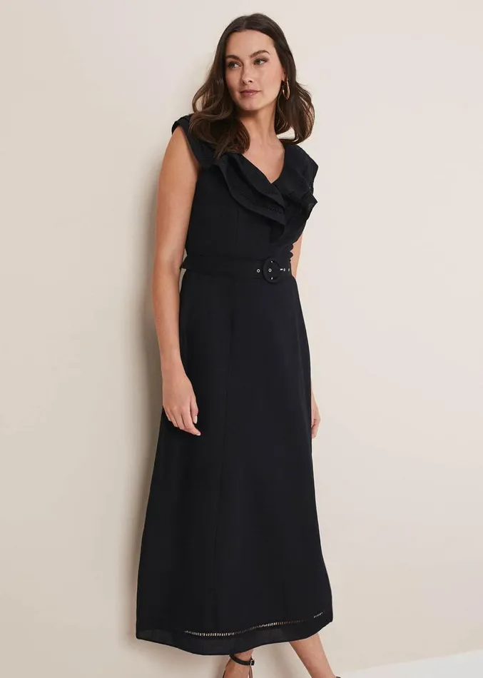 Julieta Black Linen Ruffle Broderie Midi Dress Black Women Phase Eight Dresses