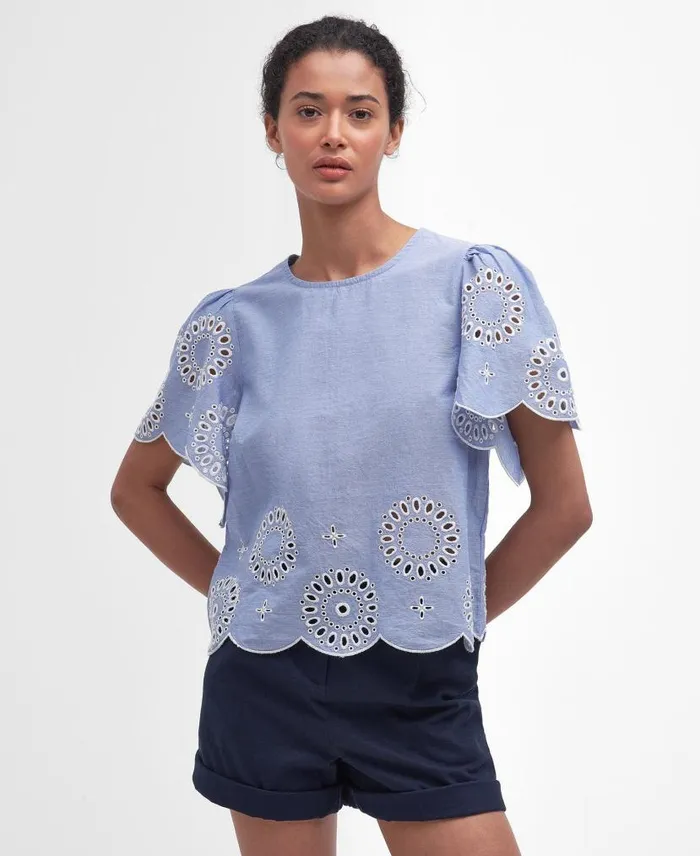 Juliette Embroidered Blouse Blue Mist Women Barbour Shirts and Blouses
