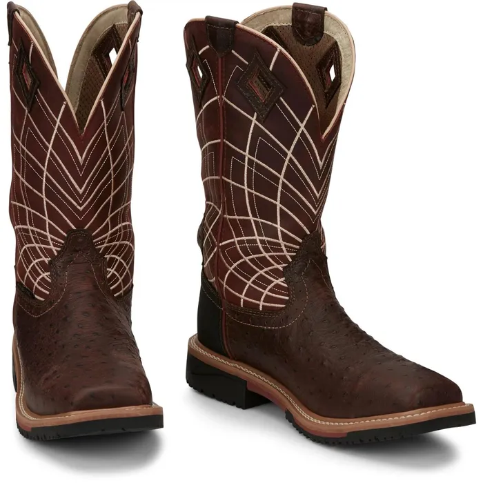 Justin Boots Derrickman 12034 Waterproof Composite Toe Work Boot Brown Ostrich Print brown Men Work