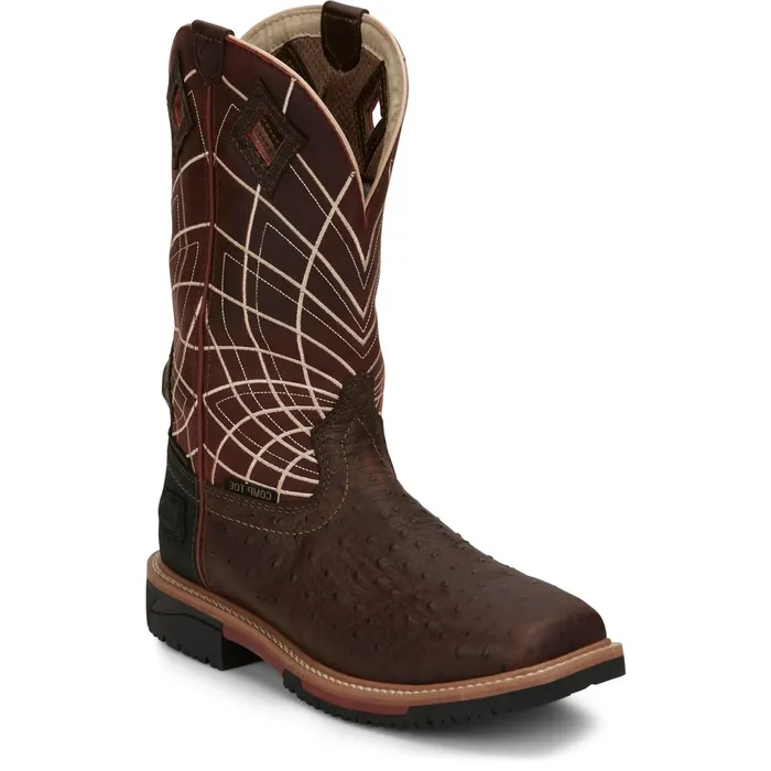 Justin Boots Derrickman 12034 Waterproof Composite Toe Work Boot Brown Ostrich Print brown Men Work