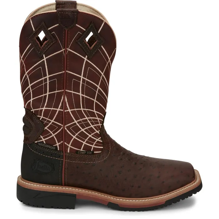 Justin Boots Derrickman 12034 Waterproof Composite Toe Work Boot Brown Ostrich Print brown Men Work