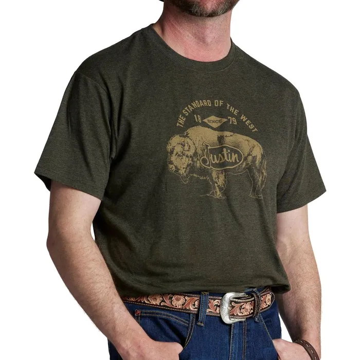 Justin Boots Justin Bison Tee Olive Heather green Men TShirts and Polos