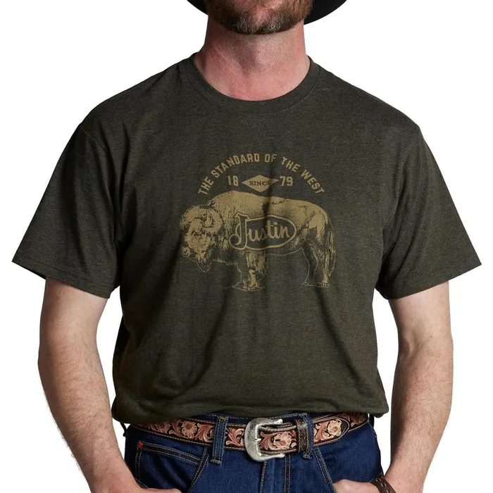 Justin Boots Justin Bison Tee Olive Heather green Men TShirts and Polos