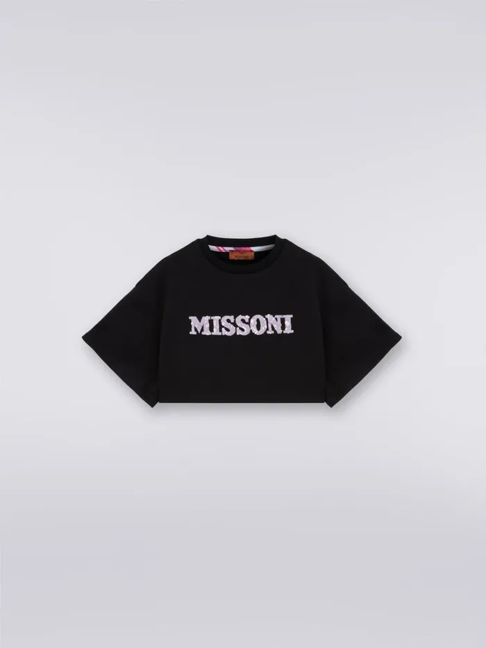 Kids Oversized Cropped Cotton TShirt With Sequins Logo Black Missoni Clothing