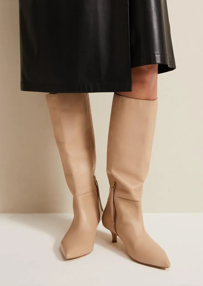 Knee High Kitten Heel Boot Cream Women Phase Eight Boots