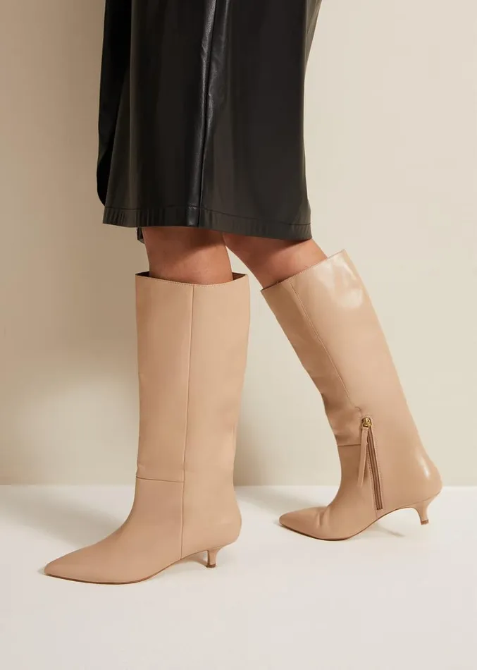 Knee High Kitten Heel Boot Cream Women Phase Eight Boots