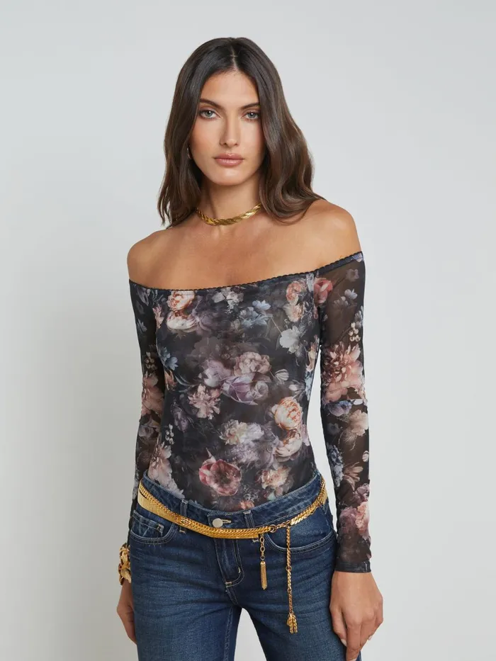 L039Agence Blouses and Tops Women Peonie OffTheShoulder Bodysuit Black Multi Vintage Oil Flower