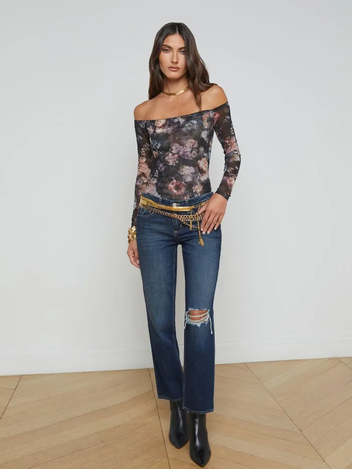 L039Agence Blouses and Tops Women Peonie OffTheShoulder Bodysuit Black Multi Vintage Oil Flower L039Agence Blouses and Tops Women Peonie OffTheShoulder Bodysuit Black Multi Vintage Oil Flower