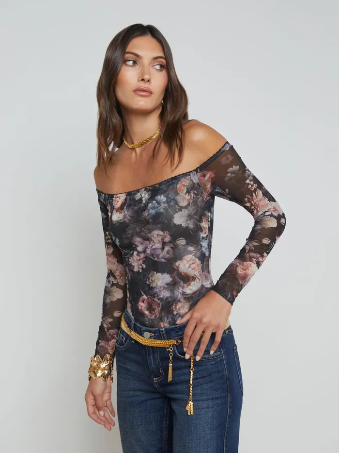 L039Agence Blouses and Tops Women Peonie OffTheShoulder Bodysuit Black Multi Vintage Oil Flower L039Agence Blouses and Tops Women Peonie OffTheShoulder Bodysuit Black Multi Vintage Oil Flower