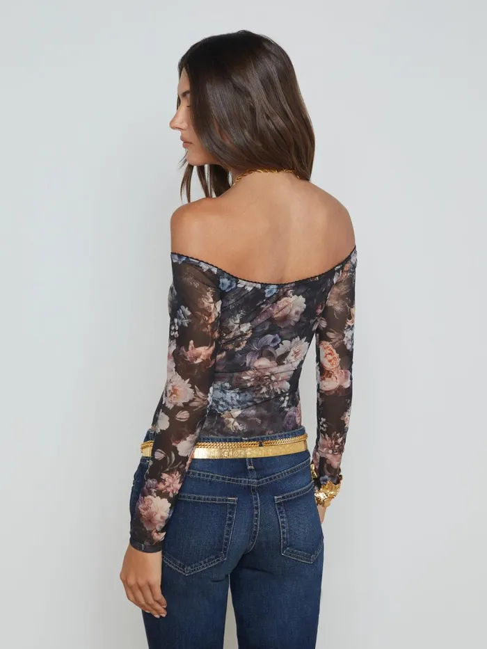 L039Agence Blouses and Tops Women Peonie OffTheShoulder Bodysuit Black Multi Vintage Oil Flower L039Agence Blouses and Tops Women Peonie OffTheShoulder Bodysuit Black Multi Vintage Oil Flower