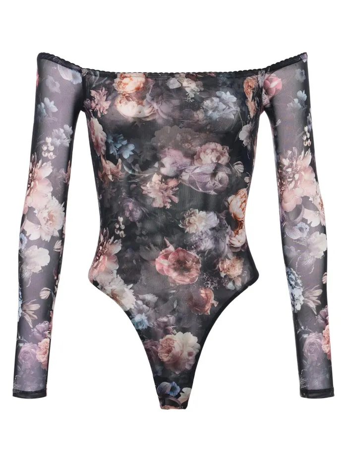 L039Agence Blouses and Tops Women Peonie OffTheShoulder Bodysuit Black Multi Vintage Oil Flower L039Agence Blouses and Tops Women Peonie OffTheShoulder Bodysuit Black Multi Vintage Oil Flower